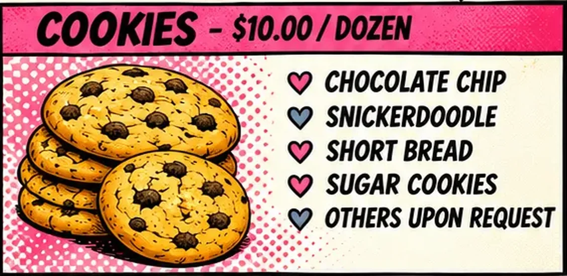 Pop-art illustration of chocolate chip cookies from the Ooh! Bakery menu